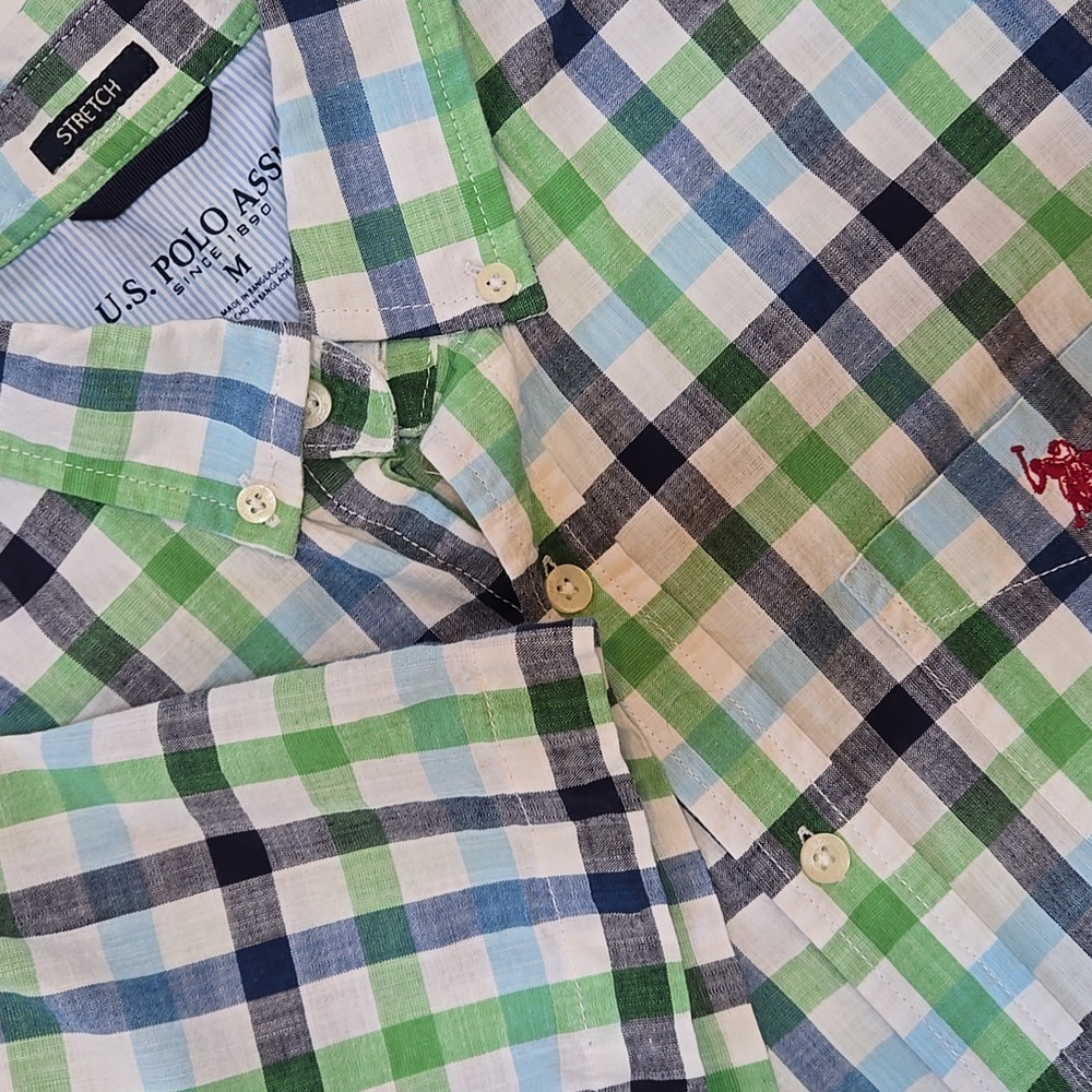 U.S. Polo Assn Men’s Plaid Button Down Shirt Medium Stretch Short Sleeve‎ Pocket